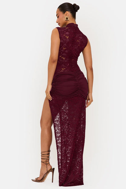 Burgundy floral lace maxi dress back view with slit