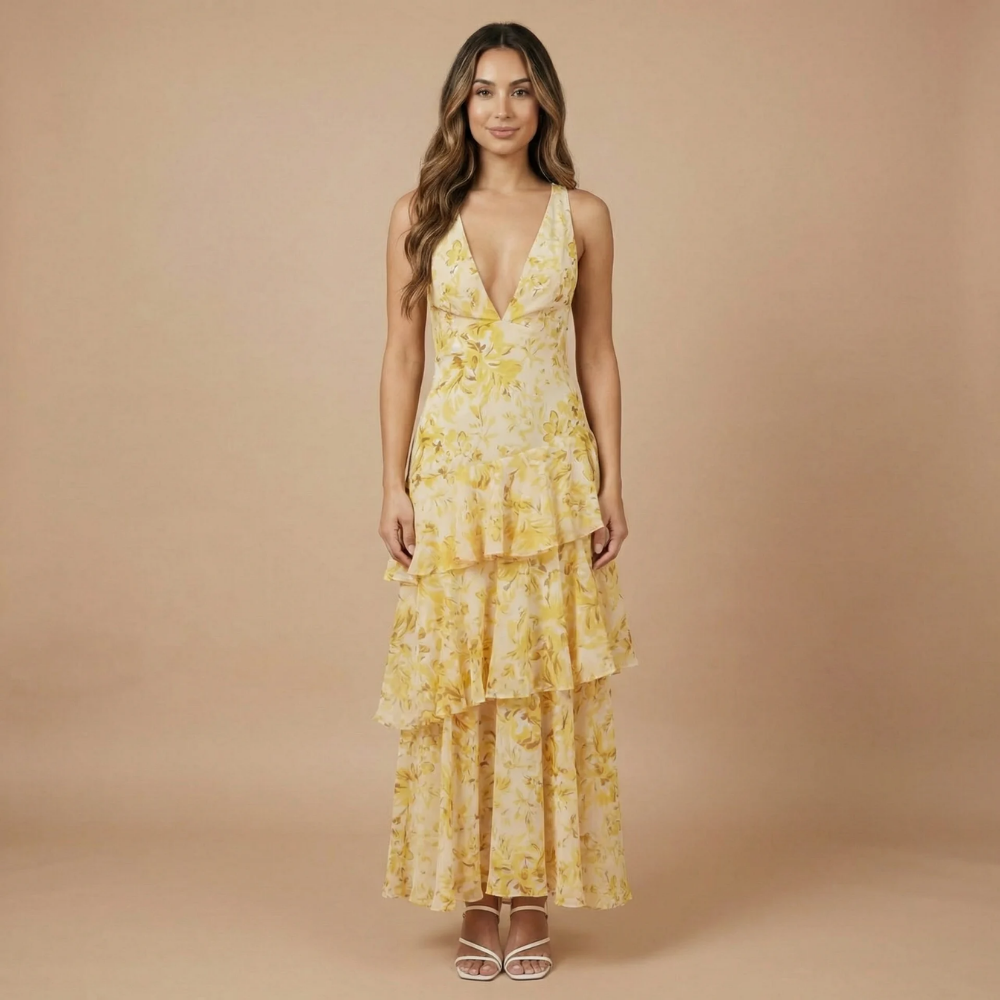 Women floral v-neck tiered ruffle midi dress in pale yellow