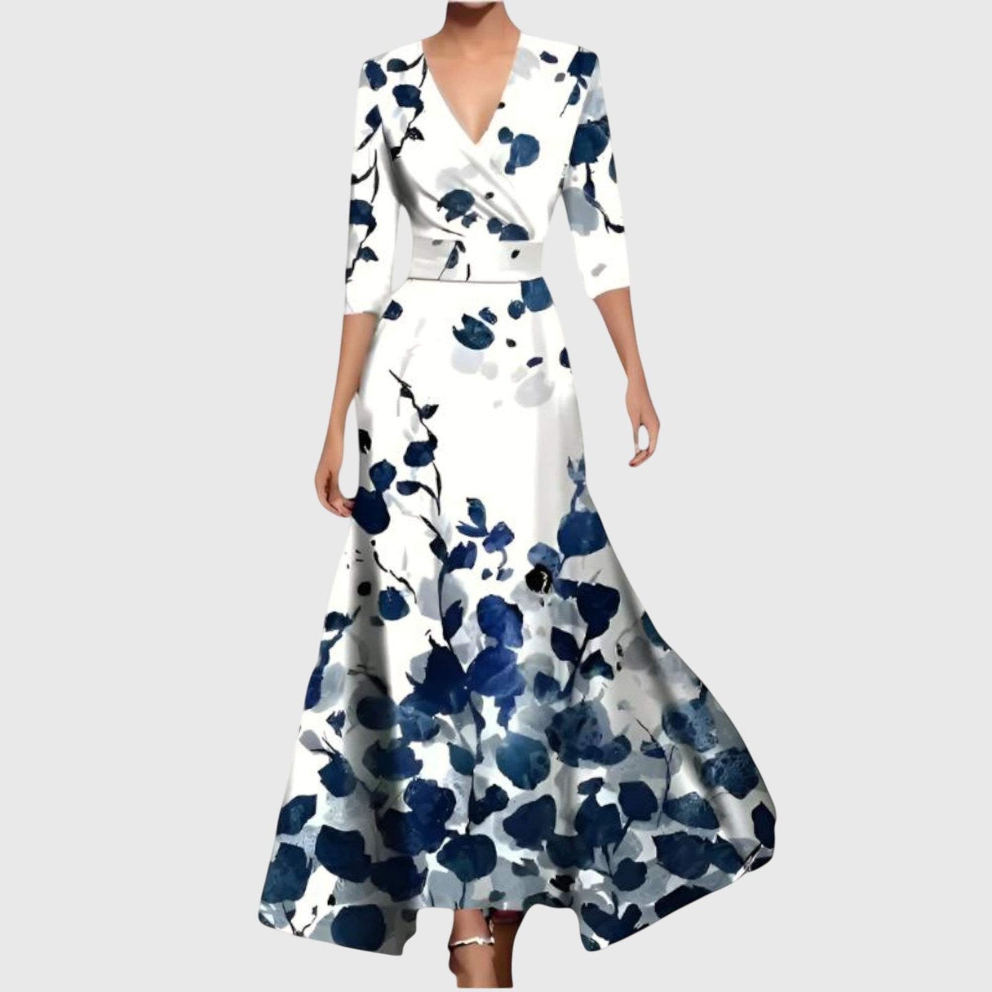 Women white navy floral maxi wrap dress with V-neckline and three-quarter sleeves