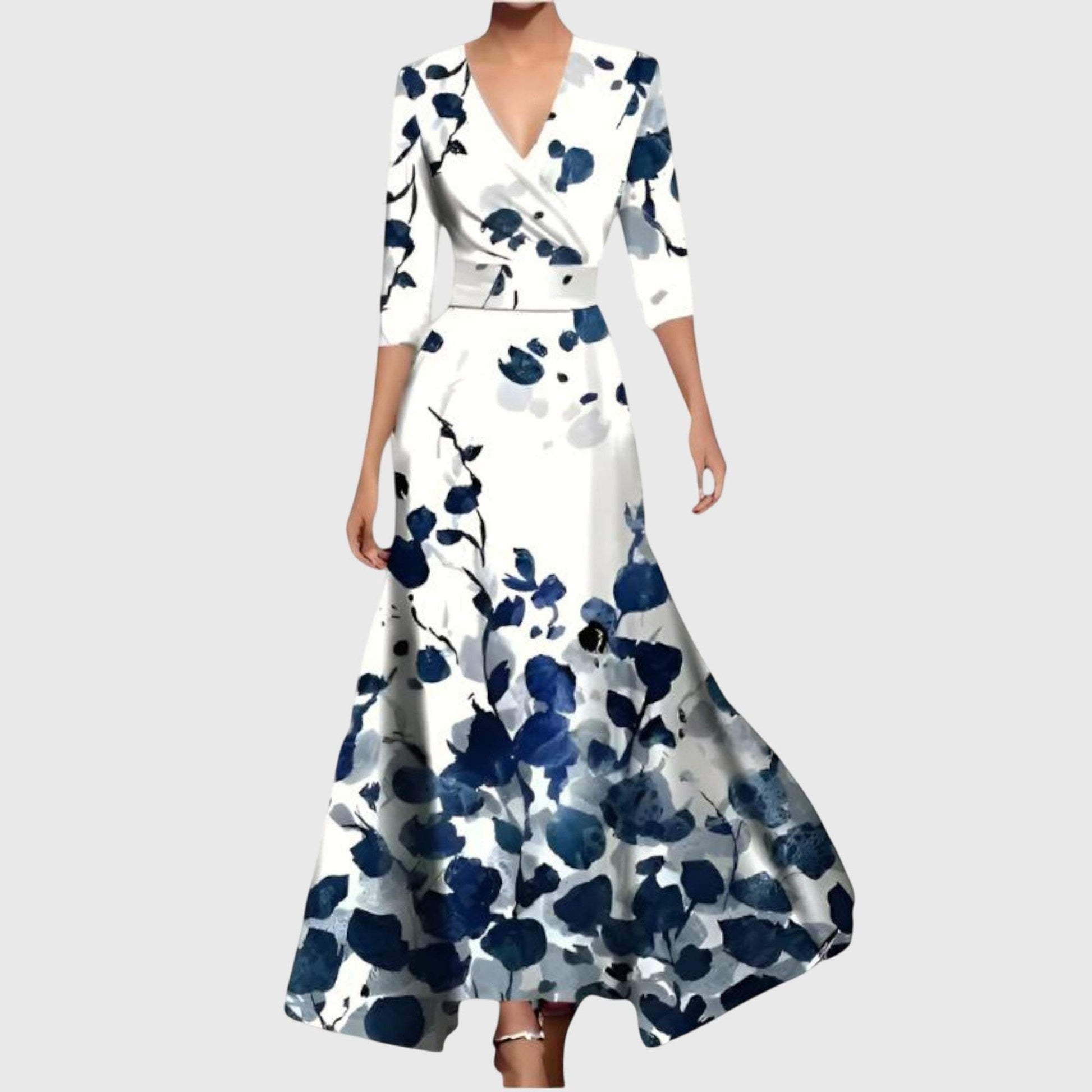 Women white navy floral maxi wrap dress with V-neckline and three-quarter sleeves