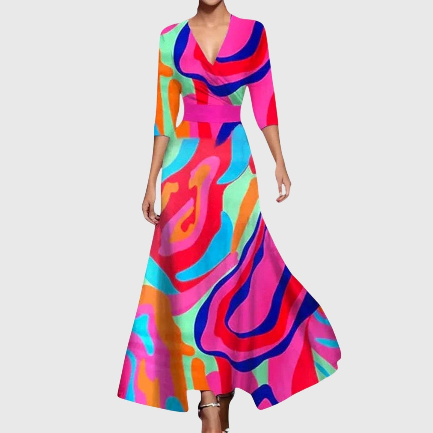 Women multi-color abstract wrap maxi dress with cowl collar and three-quarter sleeves