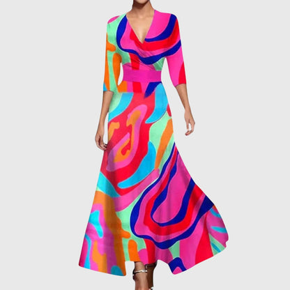 Women multi-color abstract wrap maxi dress with cowl collar and three-quarter sleeves