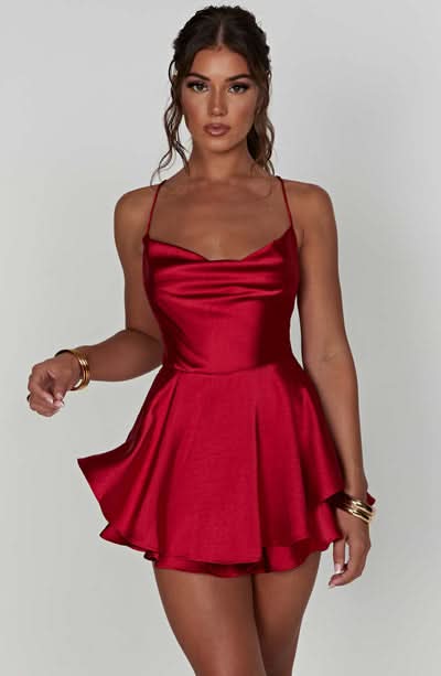 Women red satin mini dress with cowl neckline and spaghetti straps, front view