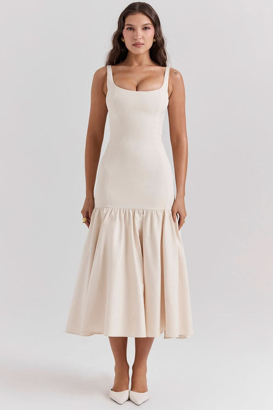 Women cream square neck sleeveless midi dress with gathered skirt front view