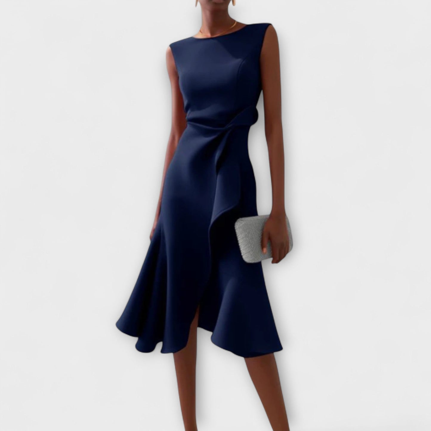 Women navy sleeveless midi dress with asymmetric waist drape detail