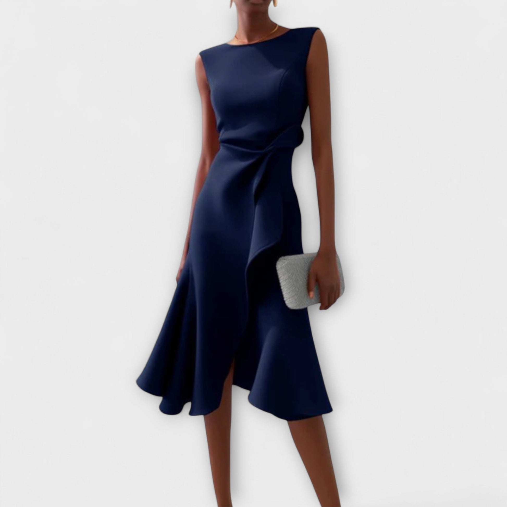 Women navy sleeveless midi dress with asymmetric waist drape detail