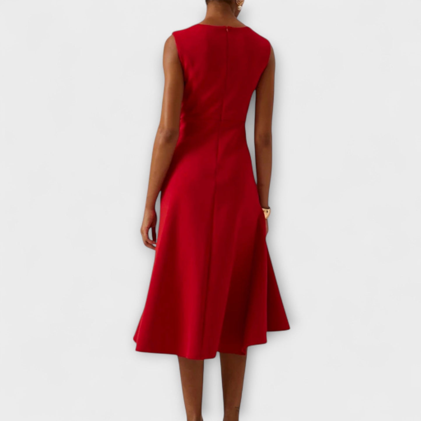 Women red sleeveless midi dress back view with center zipper closure