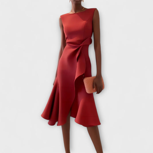 Women red sleeveless midi dress with asymmetric draped waist and flared hem