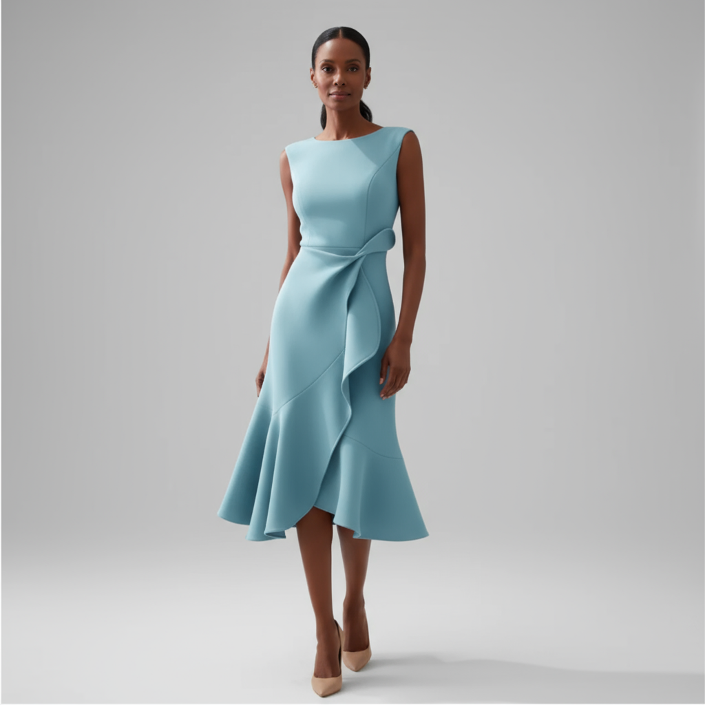 Women light blue sleeveless asymmetric ruffle midi dress detail