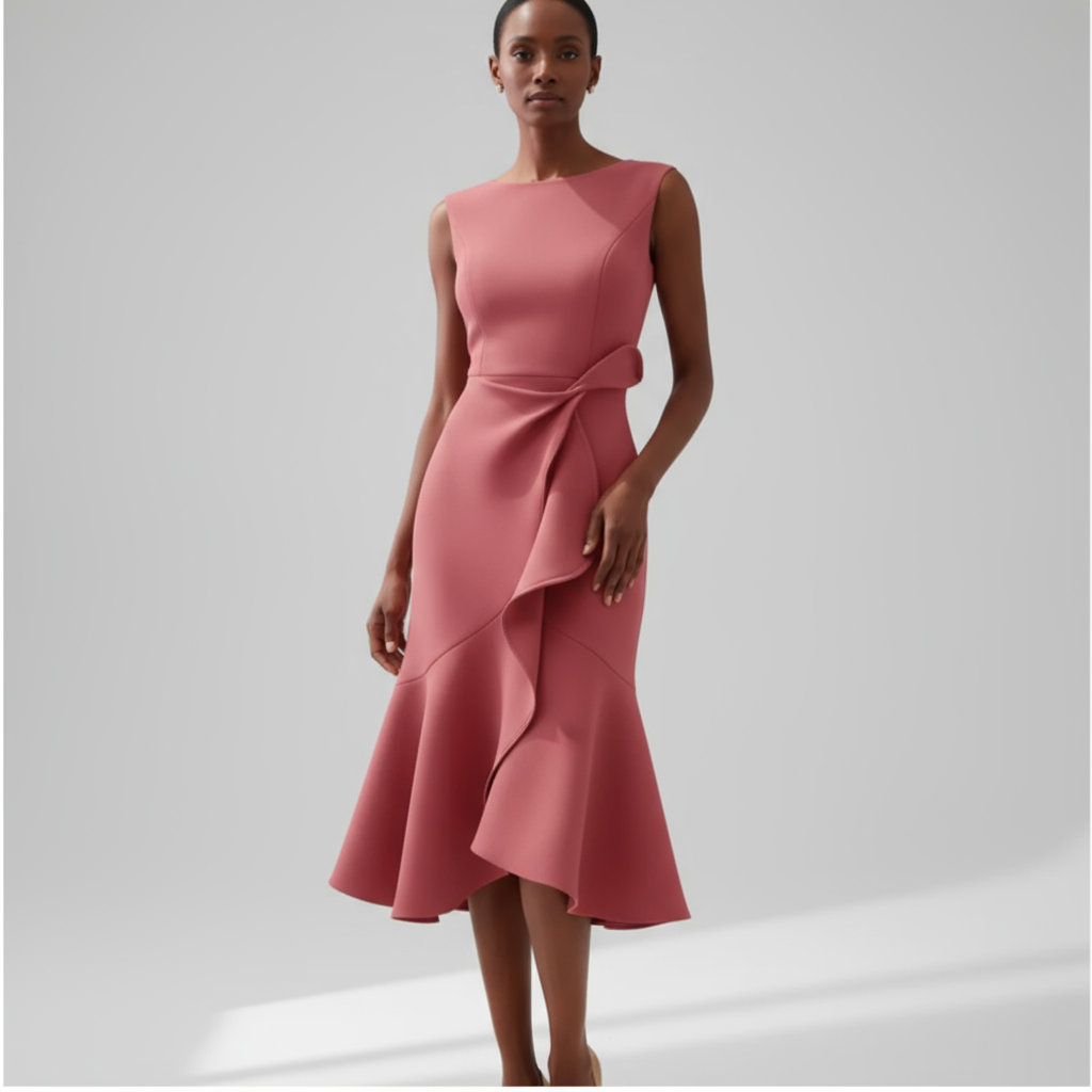 Women mauve pink sleeveless midi dress with side ruffle construction