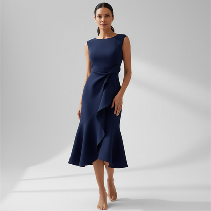 Women navy sleeveless midi dress with asymmetric drape hem detail