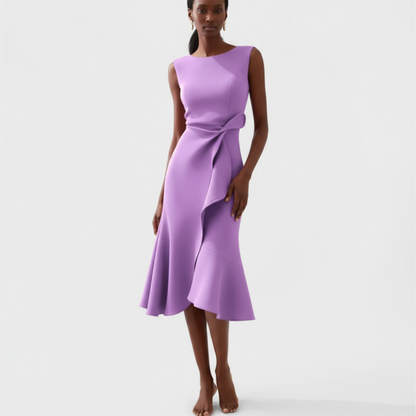 Women purple sleeveless midi dress with asymmetric ruffled hem