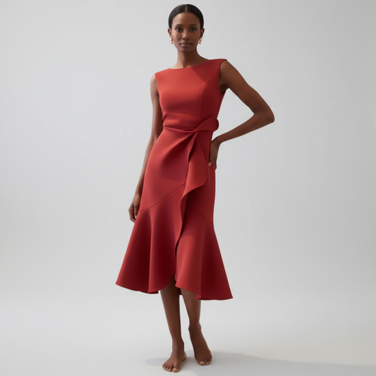 Women red sleeveless asymmetric ruffle midi dress with side drape