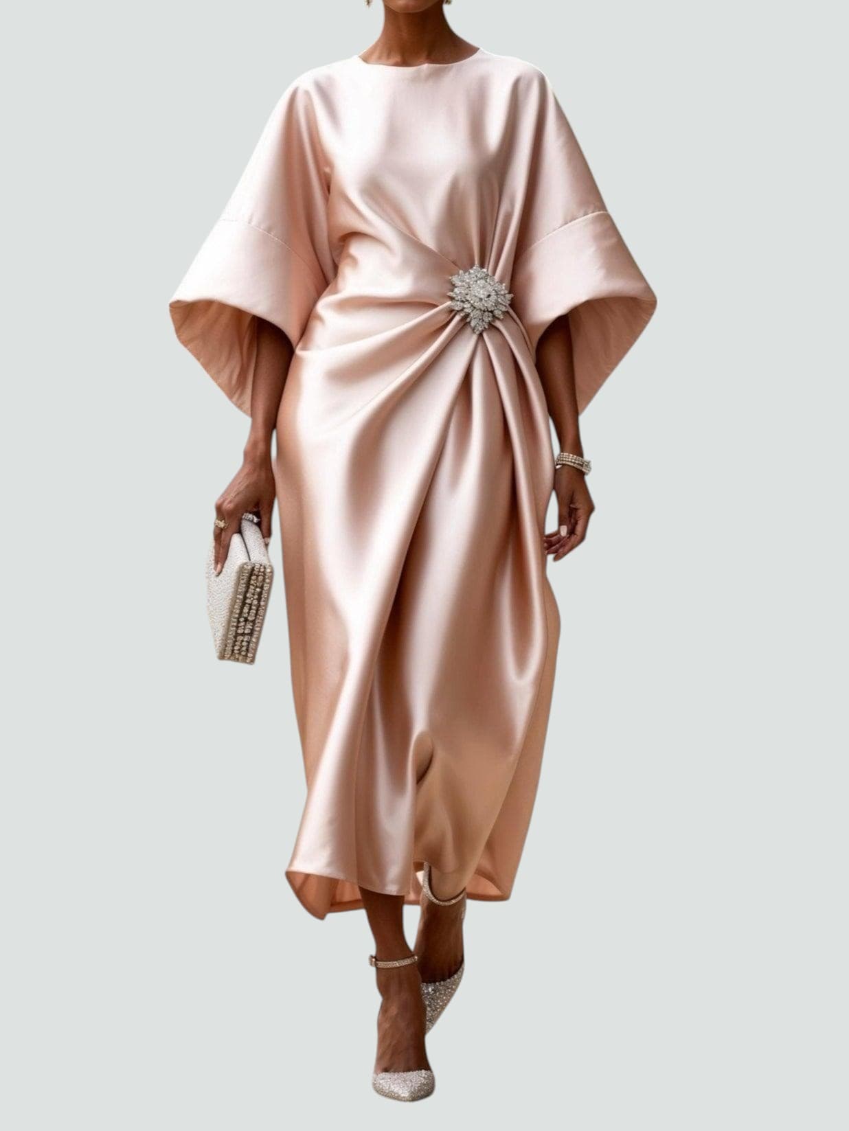 Women champagne satin midi dress with bateau neck and voluminous sleeves