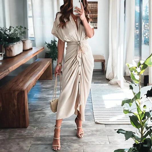 Women beige midi dress with collared V-neckline, short sleeves, and side waist tie closure