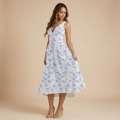 Women blue floral V-neck midi dress with structured corset bodice and gathered hem
