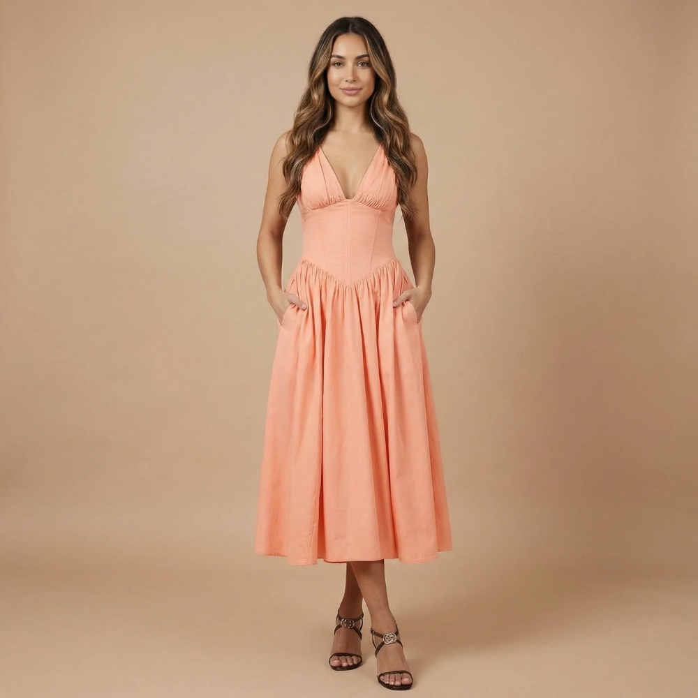 Women coral V-neck corset midi dress with side pockets and A-line gathering