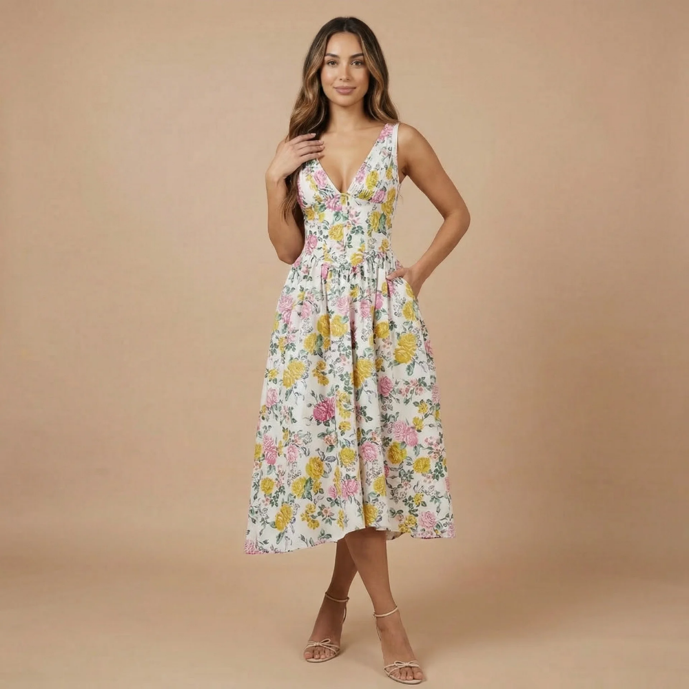 Women floral midi dress with yellow and pink blooms, V-neckline, and A-line skirt