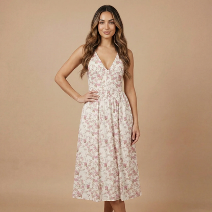 Women mauve floral corset midi dress with sleeveless V-neckline design