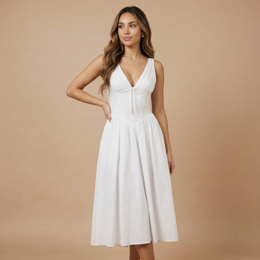Women white V-neck corset midi dress with gathered skirt and side pockets