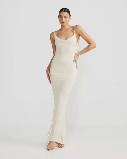 Women cream cowl neck sleeveless maxi dress with tie shoulder straps, front view