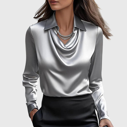 Women silver satin long-sleeve blouse with draped cowl neckline and cuffs