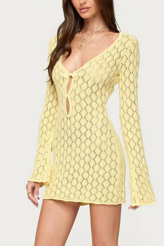 Women yellow crochet mini dress with V-neckline tie-front and long bell sleeves