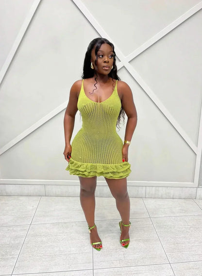 Women lime green crochet mini dress with spaghetti straps and ruffle hem