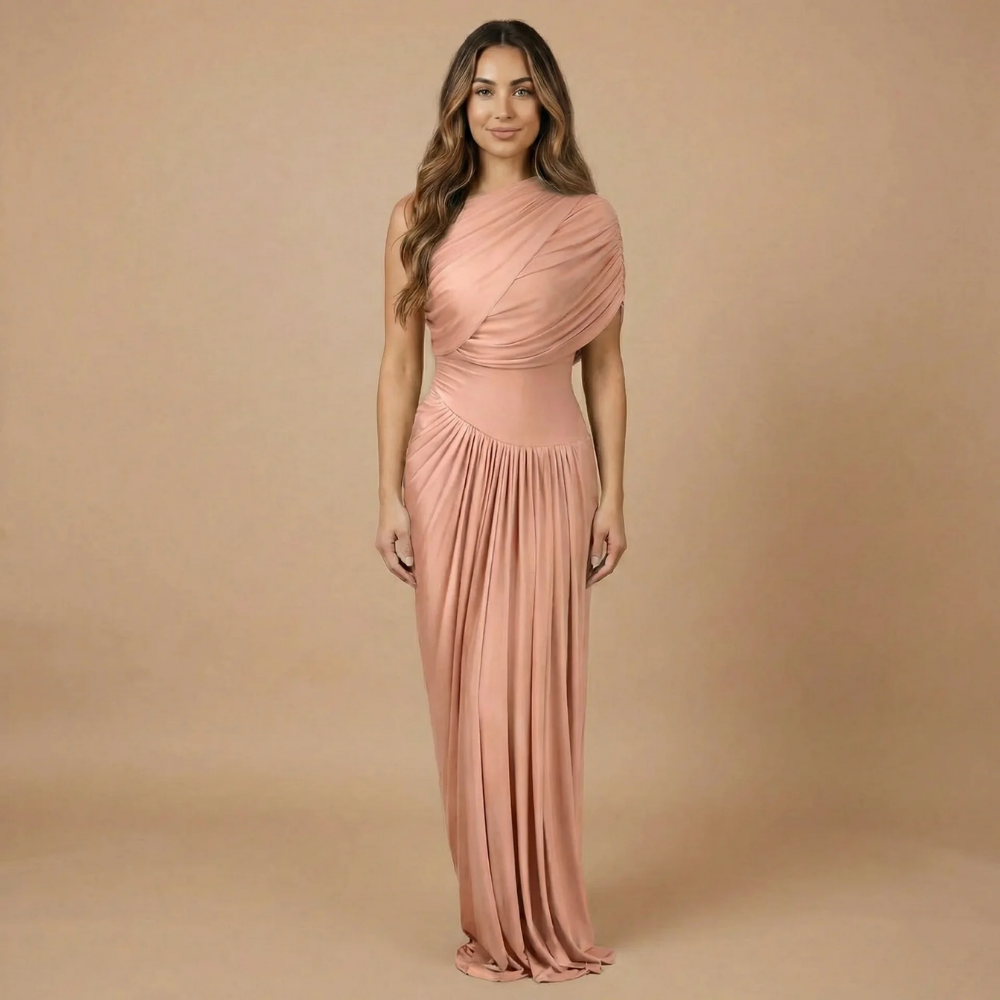 Women rose draped maxi dress with sleeveless construction and pleated skirt