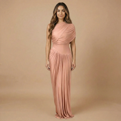 Women rose draped maxi dress with sleeveless construction and pleated skirt