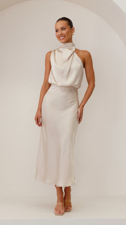 Women cream sleeveless midi dress with draped high neckline and blouson bodice, full front view