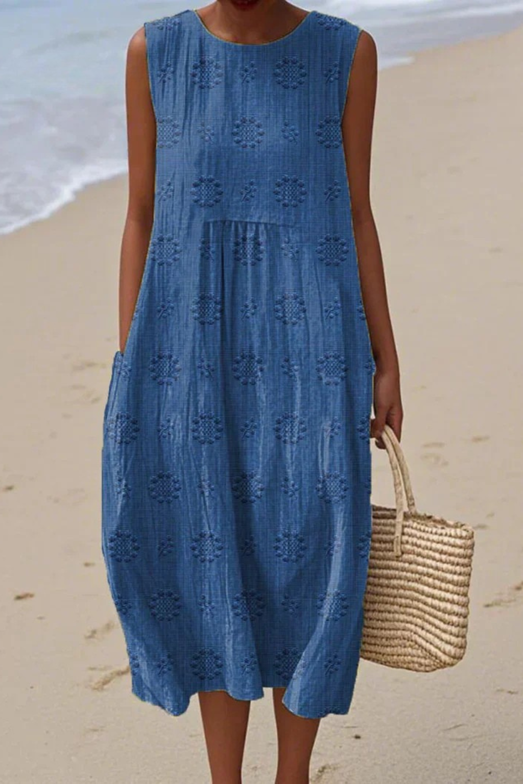 Women blue sleeveless midi dress with gathered waist and embroidered detailing