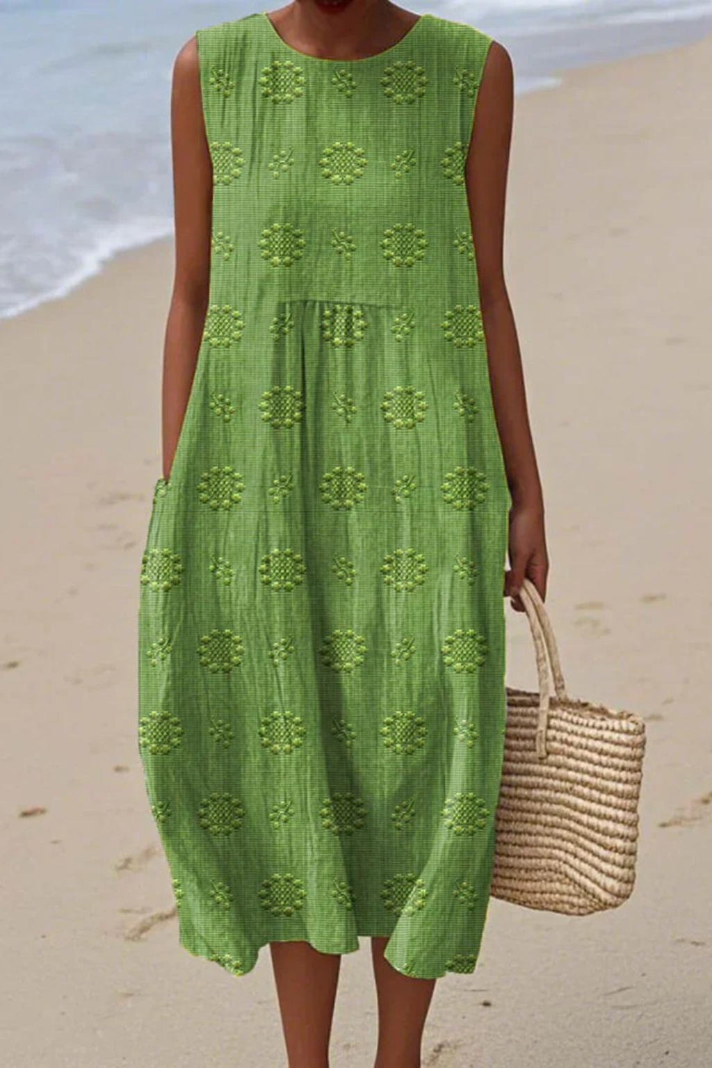 Women lime green sleeveless midi dress with geometric embroidery and round neckline