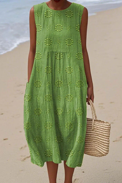 Women lime green sleeveless midi dress with geometric embroidery and round neckline
