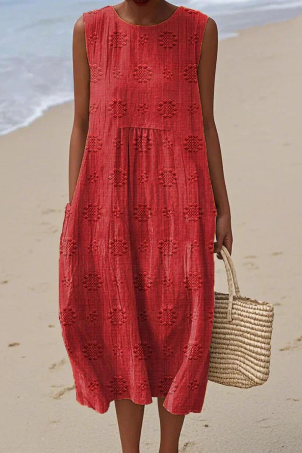 Women red sleeveless midi dress with geometric embroidery and empire waist