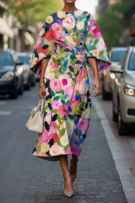 Women cream floral midi dress with kimono sleeves and sash-tie waist belt