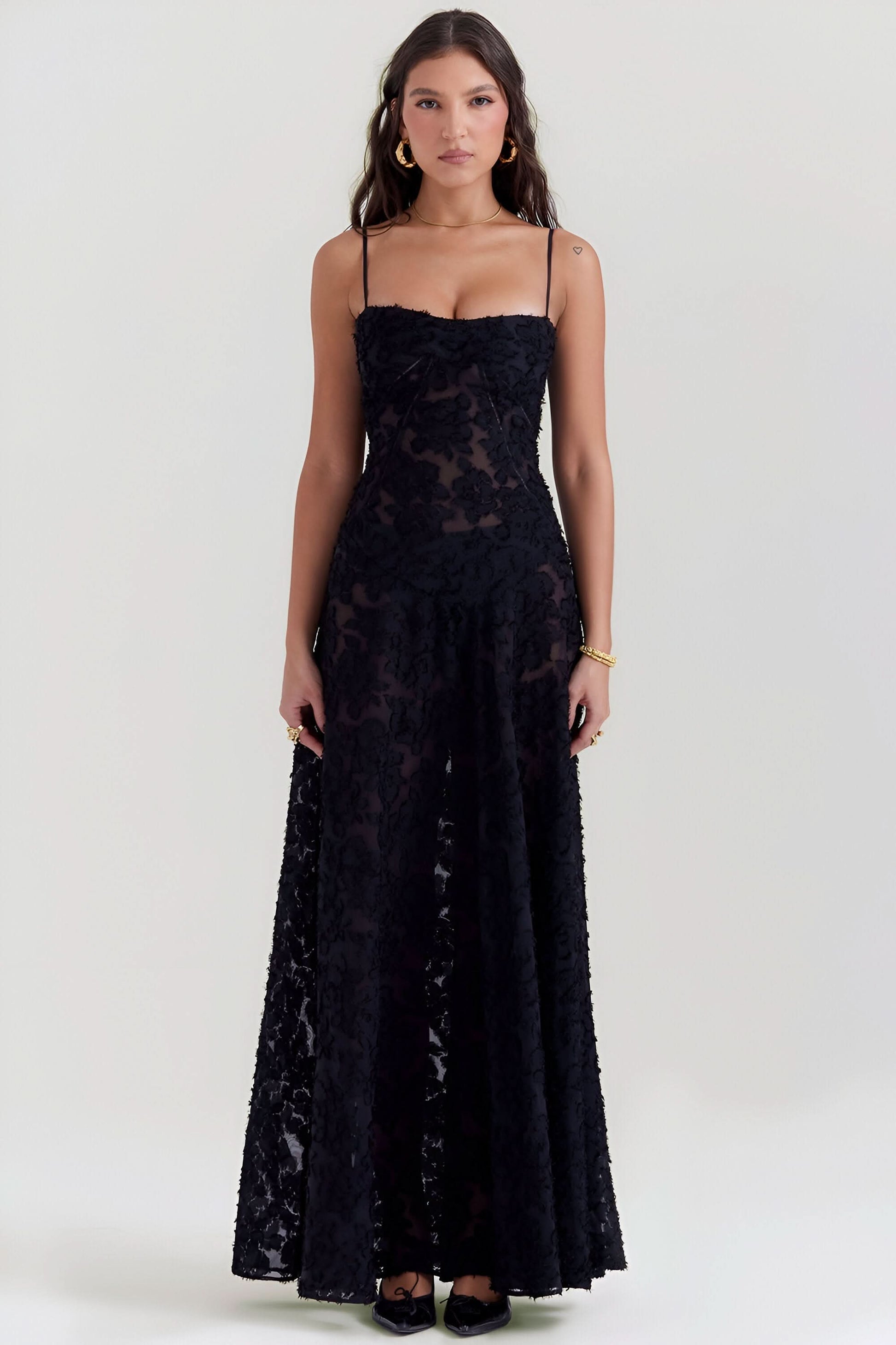 Black lace maxi dress front view with fitted bodice and spaghetti strap detail