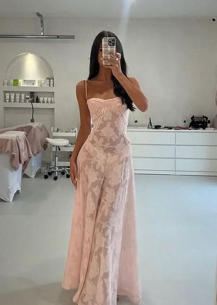 Women blush floral lace maxi dress with spaghetti straps and fitted bodice