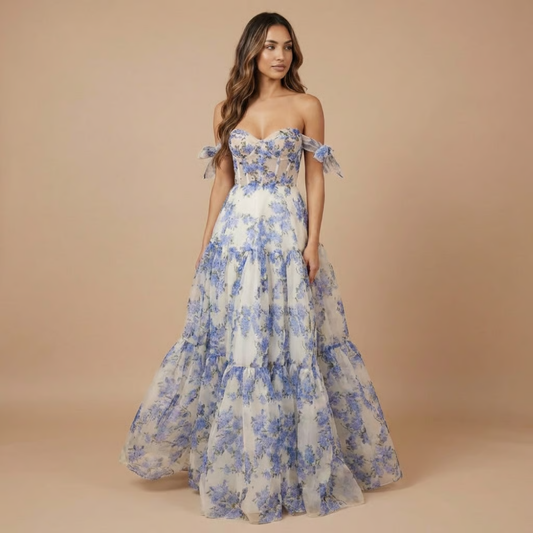 Women's blue floral maxi dress with sweetheart neckline and off-shoulder tie sleeves