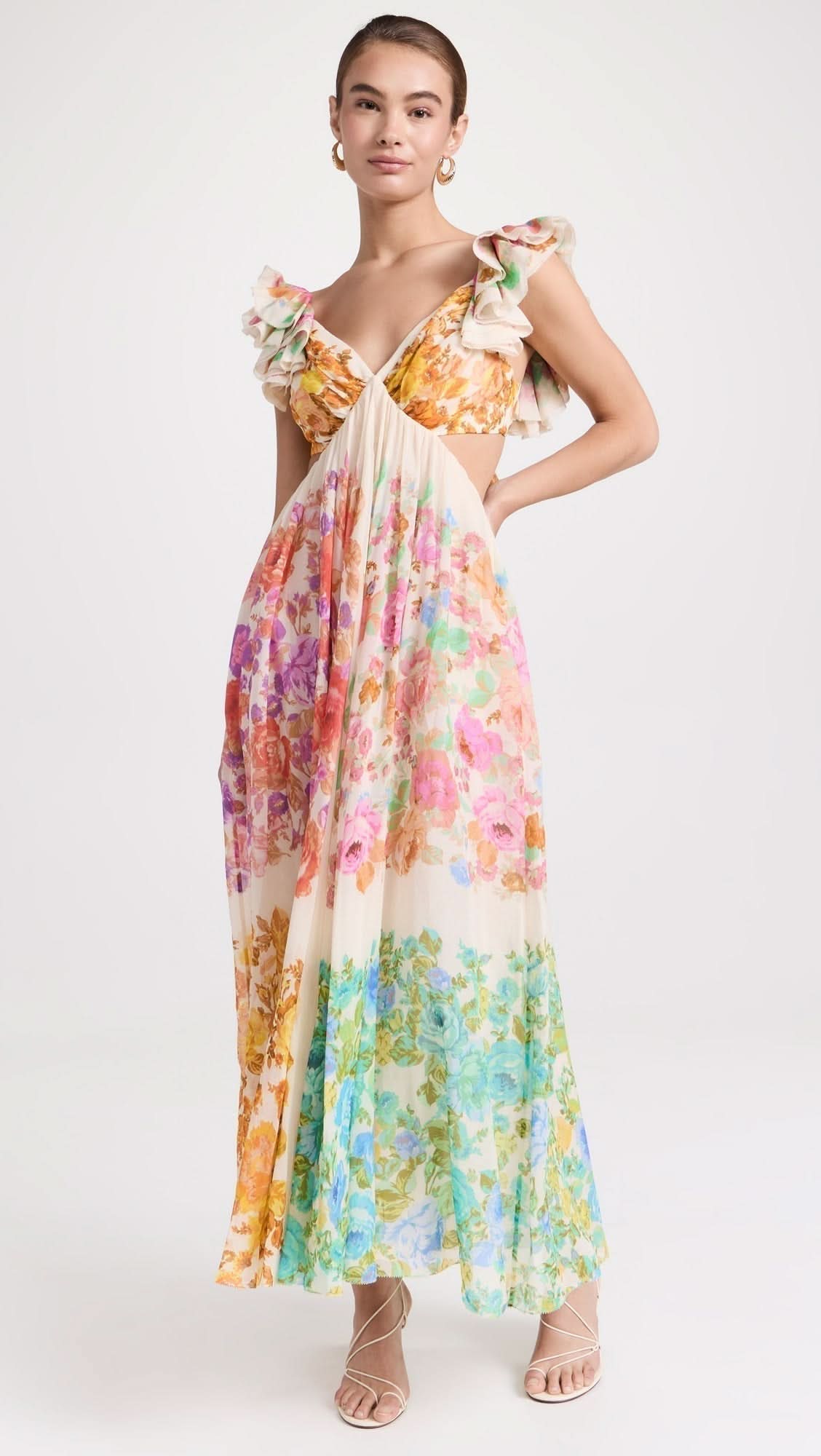 Women cream multicolor floral maxi dress with V-neckline and ruffled cap sleeves front view