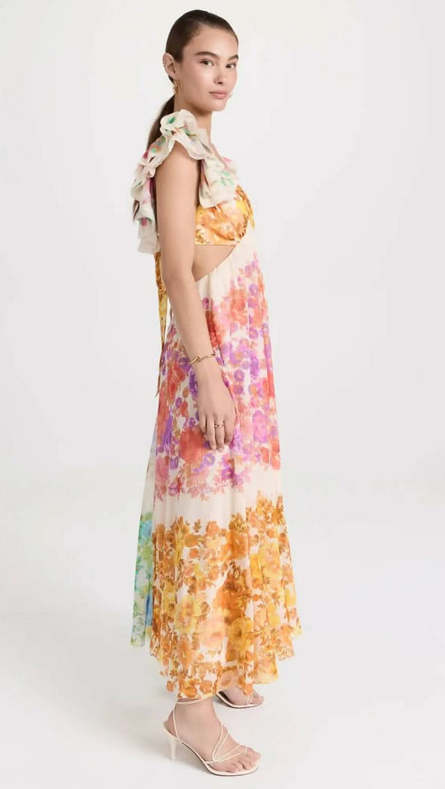 Women floral maxi dress with side cutout detail and open back tie closure side profile