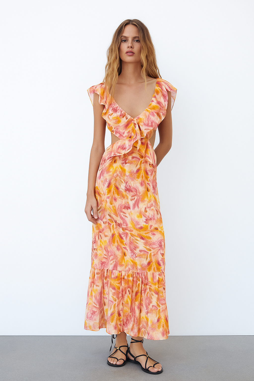 Women watercolor floral maxi dress with ruffled V-neckline and cap sleeves