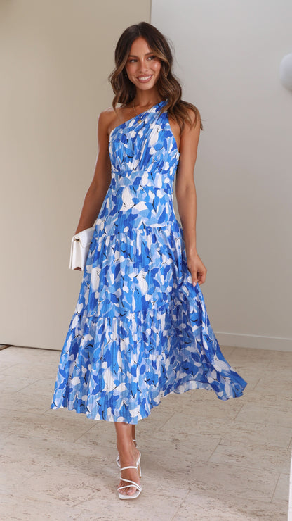 Women blue floral one-shoulder midi dress with tiered ruffles and gathered waist