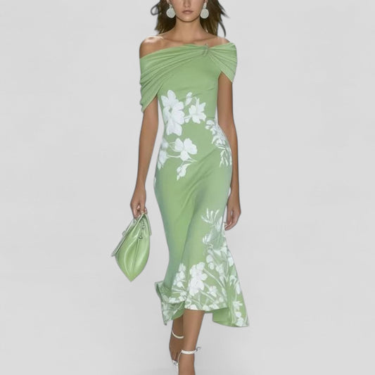 Women sage green floral midi dress with off-shoulder draped neckline and ruffled hem
