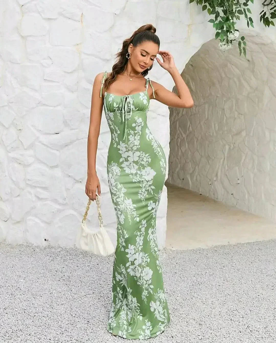 Women green floral bodycon maxi dress front view with adjustable tie straps