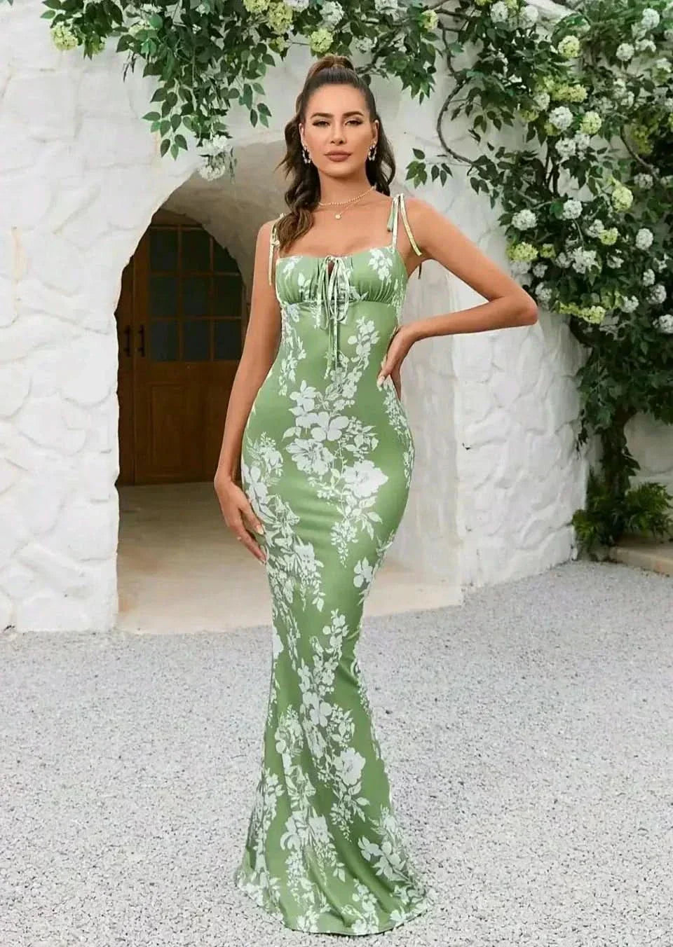 Women green floral maxi dress with square neckline and ruched bust detail