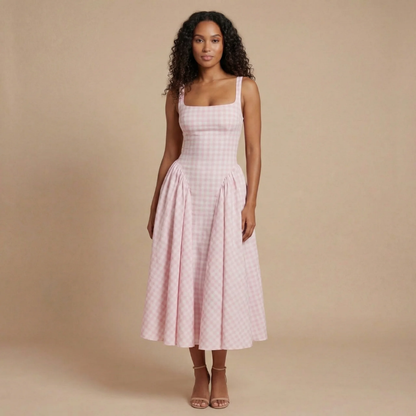 Women pink gingham midi dress with square neckline and sleeveless tank straps
