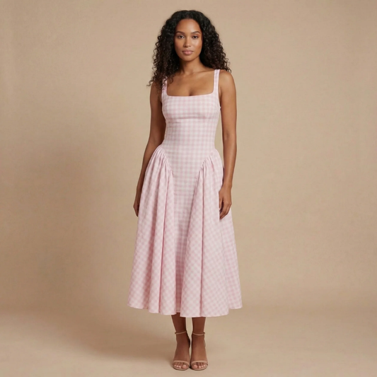 Women pink gingham midi dress with square neckline and sleeveless tank straps