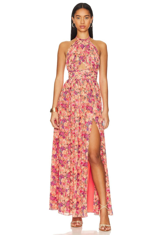 Women floral halter maxi dress with underbust cutout and high front slit, front view