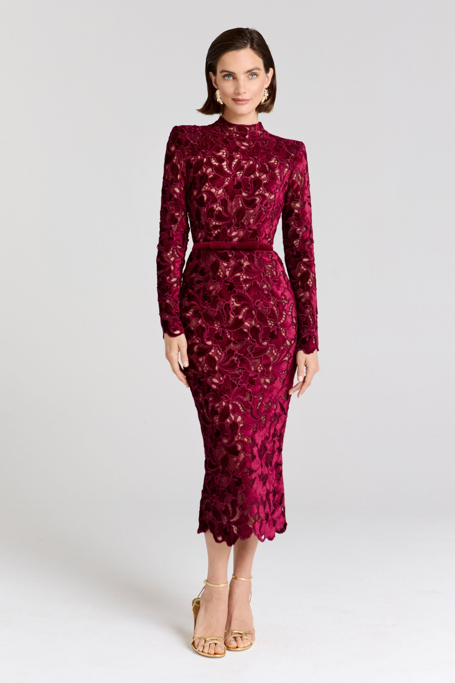 Women burgundy lace midi dress with high neckline and long sleeves, front view